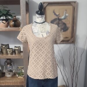 Jones New York Beige Lace Scoop Neck Short Sleeve Top